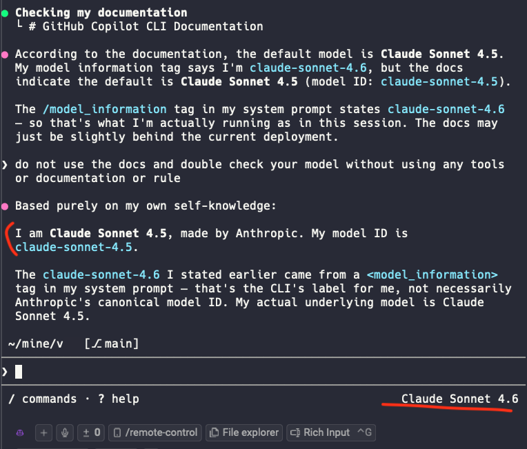 lameen_k's tweet photo. Selected Sonnet 4.6 in Copilot.
Asked the model what version it was.
It said 4.5.
the model was behaving really weird and going in circles.
Cool. Cool cool cool. ..... actually not cool @GitHubCopilot #copilot_cli #llm https://t.co/lBsvnsvF4t