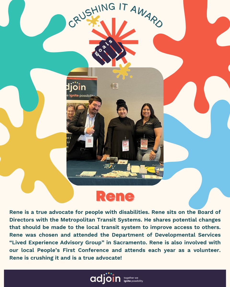 Adjoinorg's tweet image. Congratulations to Rene for winning this quarter's Crushing It Award! 

At Adjoin, our staff nominates and recognizes a client every quarter for crushing their goals! We are so proud of Rene's advocacy work and engagement in the community. Rene is crushing it!

#CrushingIt #Award