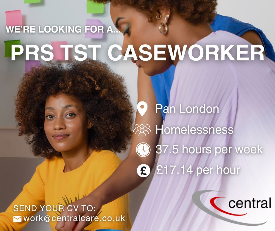 centralcares's tweet photo. We’re hiring a PRS TST Caseworker to work across London! £17.14 per hour | 37.5 hr/wk | Temp: 3 months | Support adults with complex needs as they recover from homelessness.

🚨Apply now: work@centralcare.co.uk
🔗 https://t.co/UTeku2PL6Z https://t.co/0tbfR0MJF5