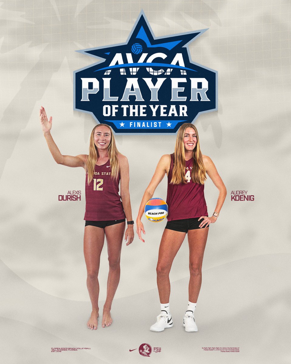 FSU_BeachVB's tweet photo. AK &amp; Alexis are FINALISTS for AVCA Player of the Year 🌟

We couldn't be prouder of these athletes and their hard work. Congrats ladies!

#SandyNoles | #OneTribe https://t.co/557HLcnKjk