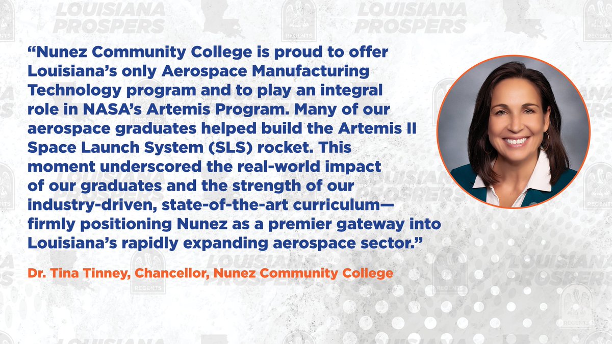 LA_Regents's tweet photo. Nunez Community College (@Nunez_CC) had 22 Aerospace Manufacturing Technology alumni contribute to the Artemis II mission. 

@NunezChancellor shared that Artemis II has sparked significant interest in the program, contributing to a surge in applications.

#TalentLivesHere https://t.co/8EGjHkKtba