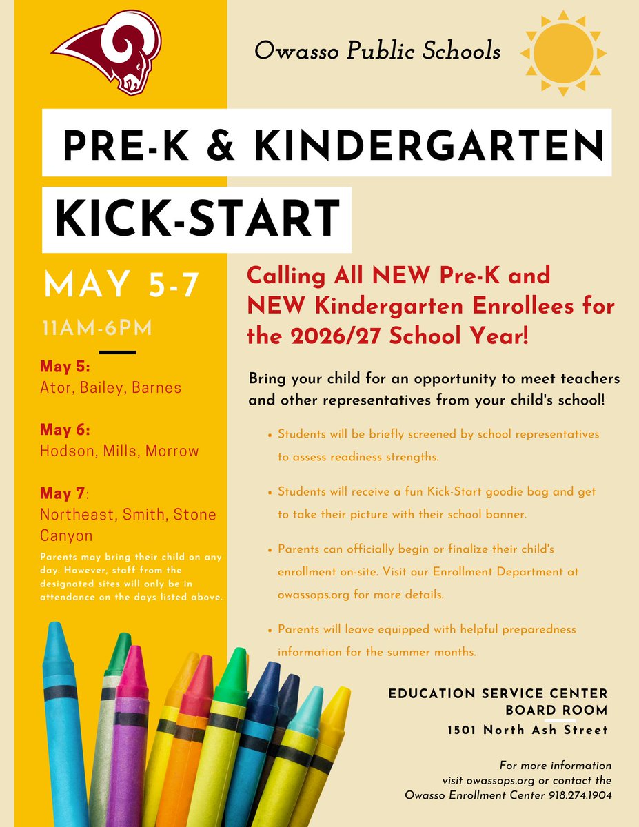 OwassoSchools's tweet image. Pre-K &amp;amp; Kindergarten Kick-Start is just around the corner! Future Rams will leave with a fun goodie bag and there are some photo ops for mom &amp;amp; dad to take advantage of too. We hope to see you there!

#RamPride #RamFam