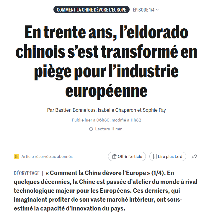 DavidBaverez's tweet photo. A lire, la série de @lemondefr : "Comment la Chine dévore l’Europe"
Les Européens qui "imaginaient profiter de son vaste marché intérieur, ont sous-estimé la capacité d’innovation du pays".

Bienvenue en économie de guerre !

 @SophiFay  @Bonnefous , @iChap_ https://t.co/00s1RqtKSN