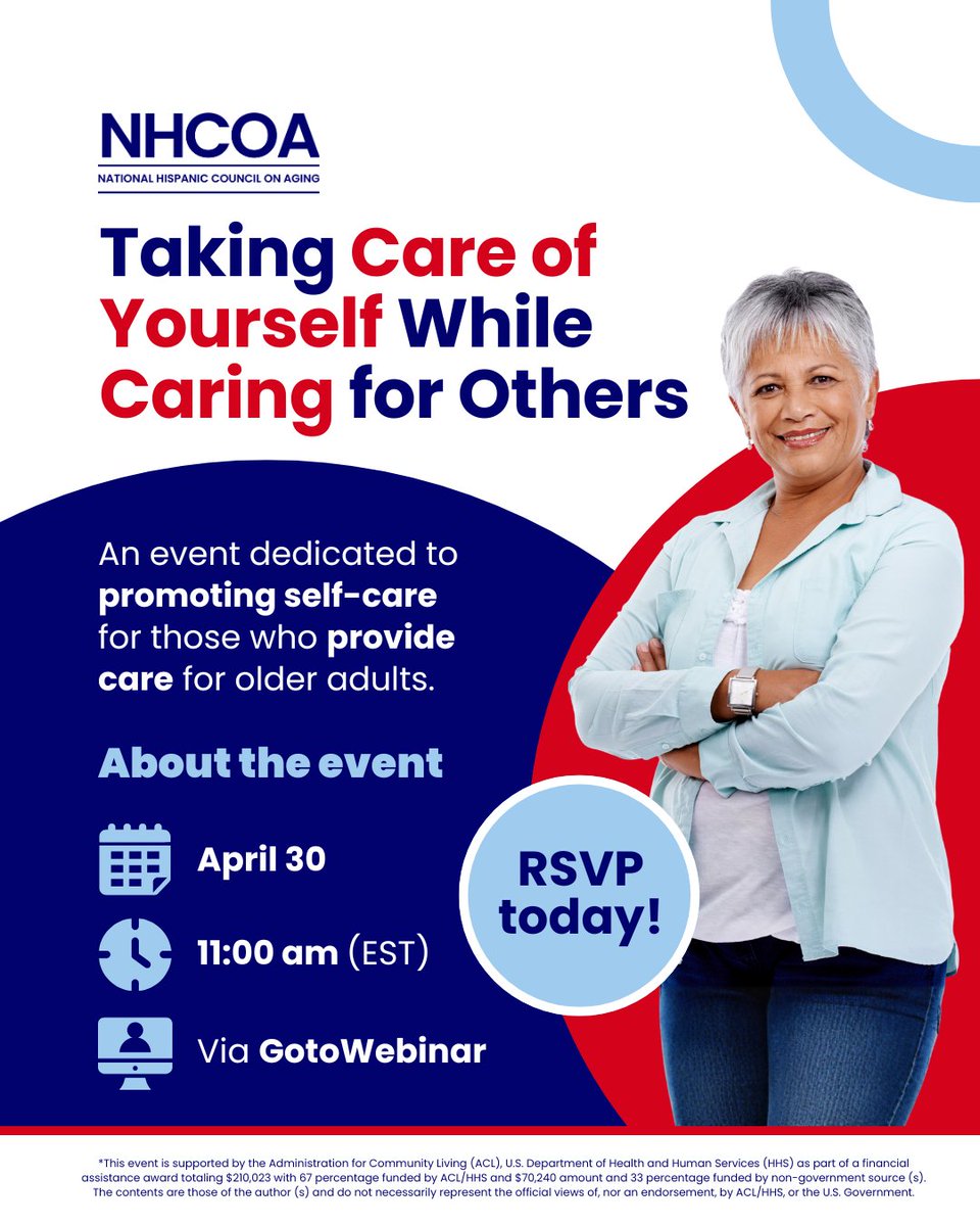 NHCOA's tweet image. It’s time to take #care of yourself! 🫂
Join NHCOA TOMORROW for "Taking Care of Yourself While Caring for Others," a FREE #webinar where you will learn how to manage stress and protect your well-being using tools, resources, and strategies.
💻 RSVP now: tinyurl.com/6urzbtz6🔗
