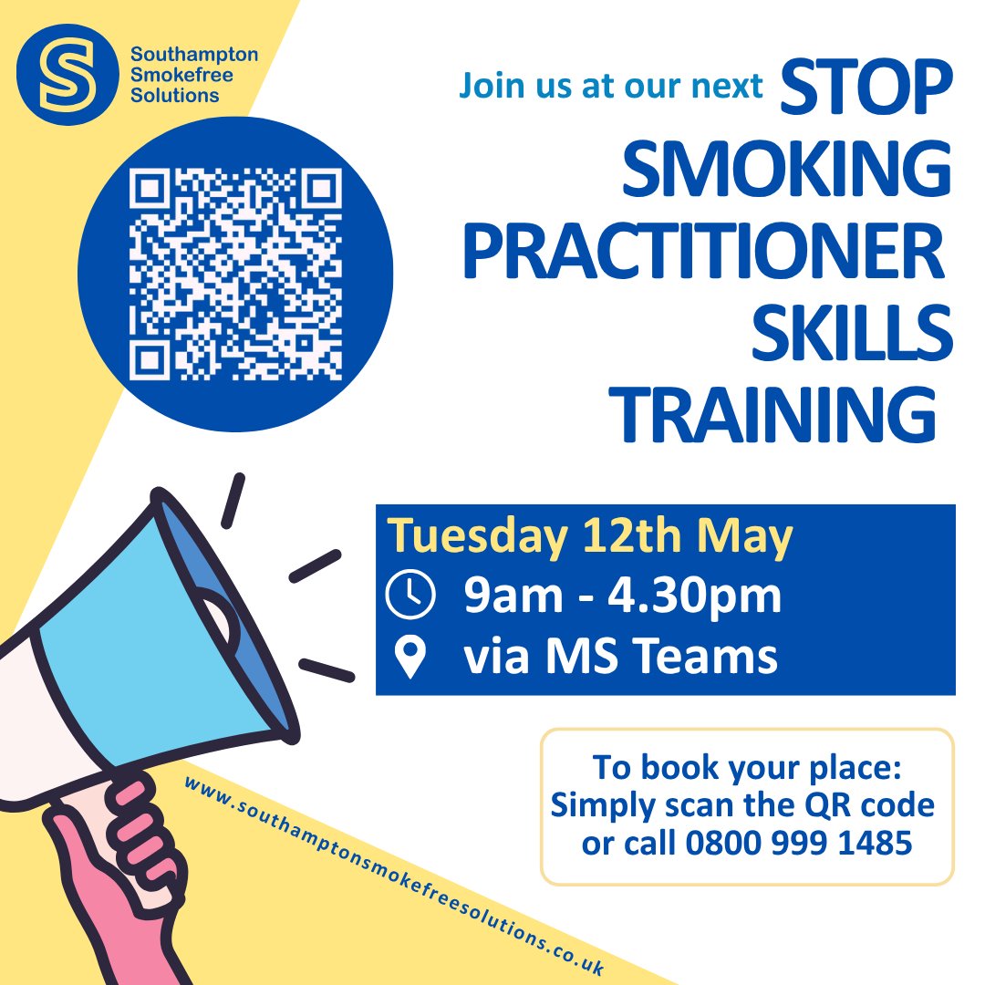 s_smokefree's tweet image. Sign-up now for Practitioner skills training. 
Scan the QR code,📞call: 0800 999 1485 or via our website🌐 southamptonsmokefreesolutions.co.uk/training/

📆Tuesday 12th May
🕘9am - 4.30pm
📍MS Teams, Virtual meeting
 
#Southampton #smokingcessation #Learning #stopsmoking