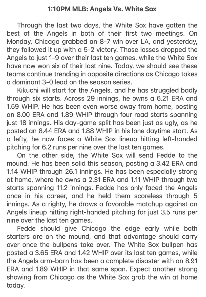 Today's MLB Free Plays
⚾️White Sox +1 -130
⚾️White Sox F5 +0.5 -140
⚾️White Sox F7 +0.5 -130

Bring the Energy &amp; Let's Cash!
L19 MLB Free: 16-1-2 (94%)