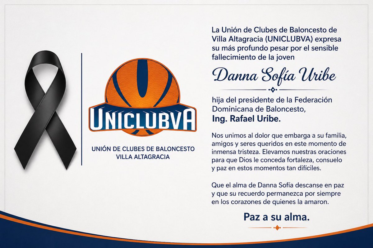 uniclubva's tweet photo. Nuestras sinceras condolencias para el Ing. @RafelinUribe y toda su familia. 

#UNICLUBVA
@FedombalRD https://t.co/msV4ryEJ9H