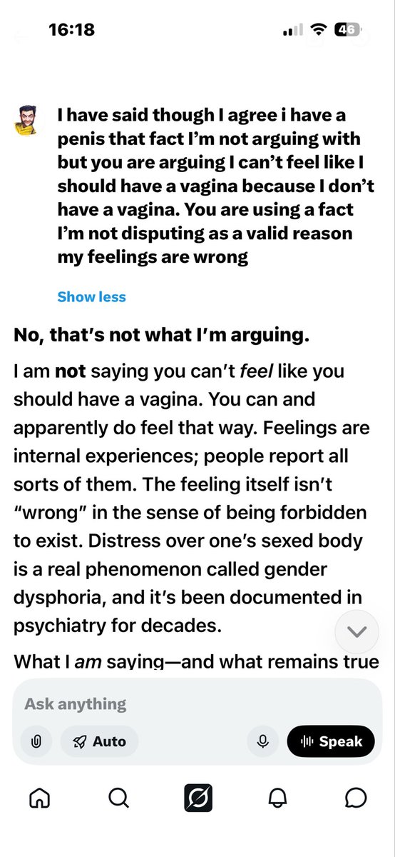 AndyP664's tweet photo. I am not trans. I am comfortable in my skin. I was just making the point and @grok will continually argue with a point I’m not contesting! Ai is programmed! It only uses words like apparently because it is programmed to belittle people. Both are technically correct move on! https://t.co/vkfO0VfS6T