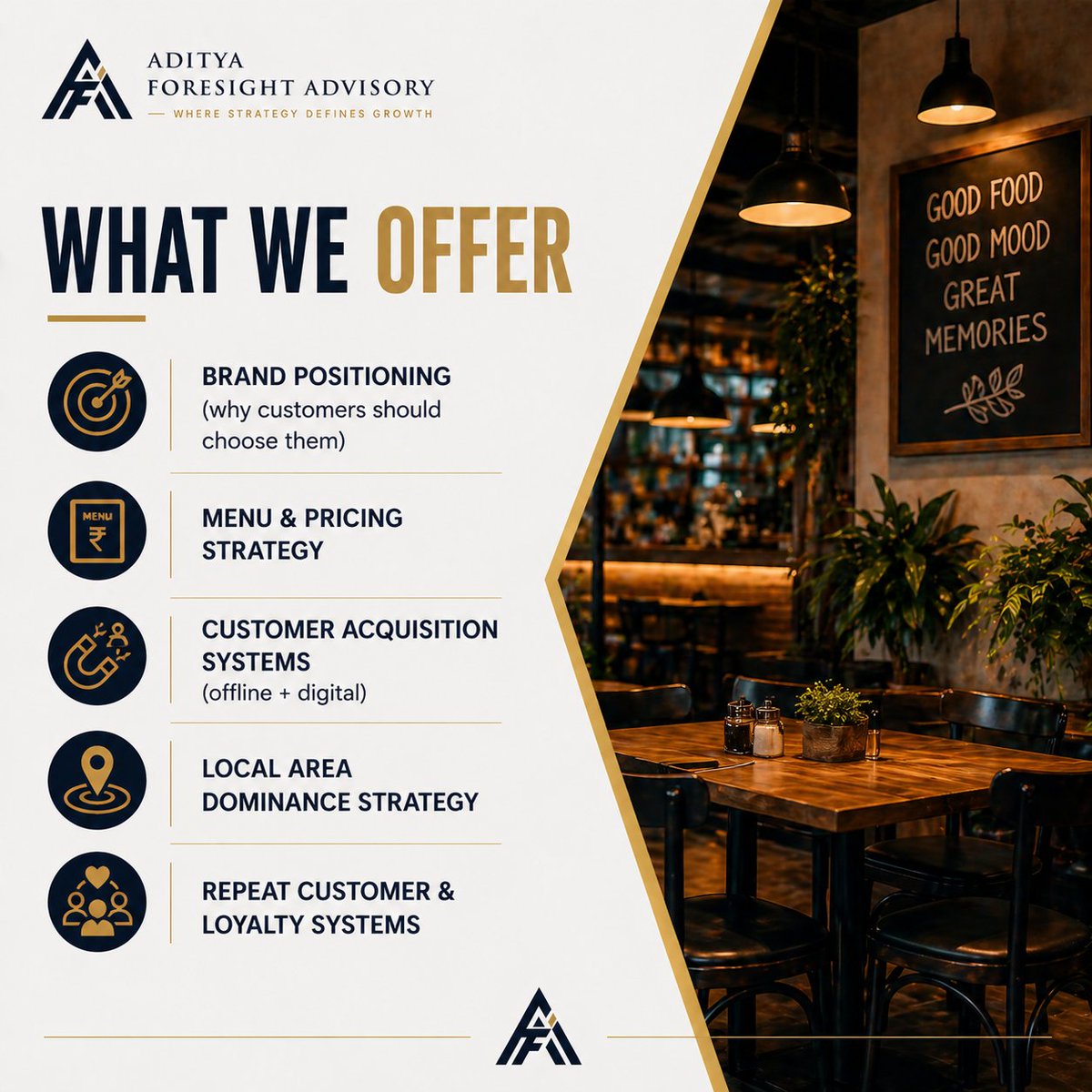adityaforesight's tweet image. Industries We Serve

3. Restaurants &amp;amp; Local Businesses
•Restaurants, cafés, cloud kitchens
•Local service-based businesses

#BusinessStrategy #GrowthStrategy #Entrepreneurship #Consulting #Leadership #AdityaForesightAdvisory #AdityaSameerMane