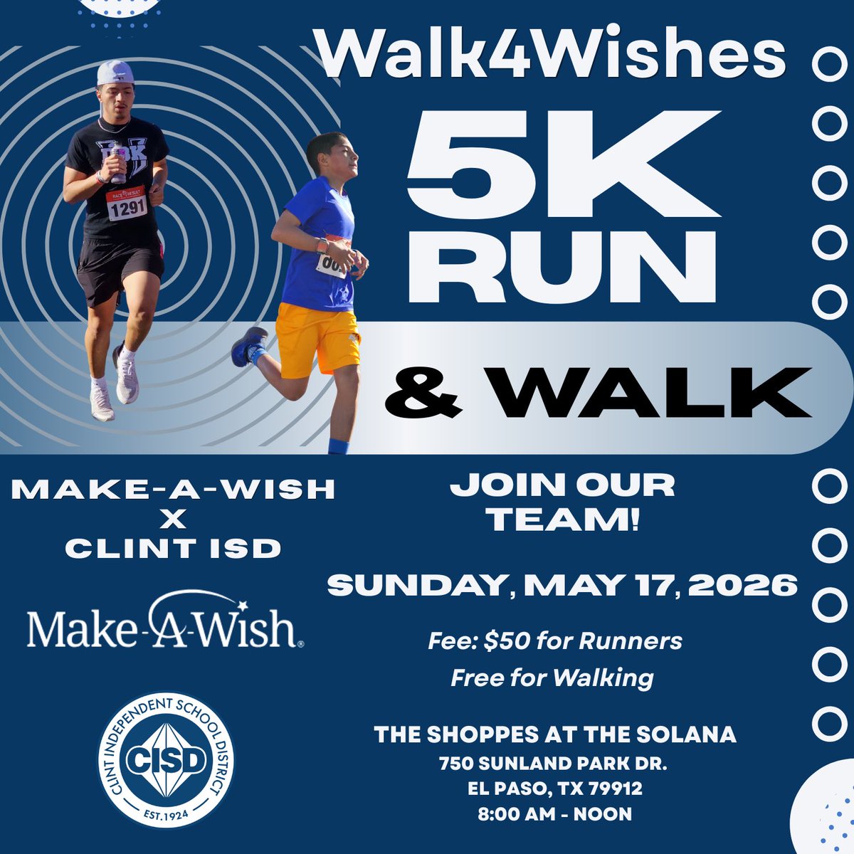 ClintISD's tweet photo. WALK 4 WISHES: Join Our Clint ISD Team today! 🏃‍♀️🏃‍♂️

Whether you're a runner or just in it for the fun walk; join us to get active, give back, and enjoy the community vibe! 

Register Today: https://t.co/kMa4PnIUeB

#ClintIsUnited4Excellence #WeAreClintISD https://t.co/nnsJ5gy0L7