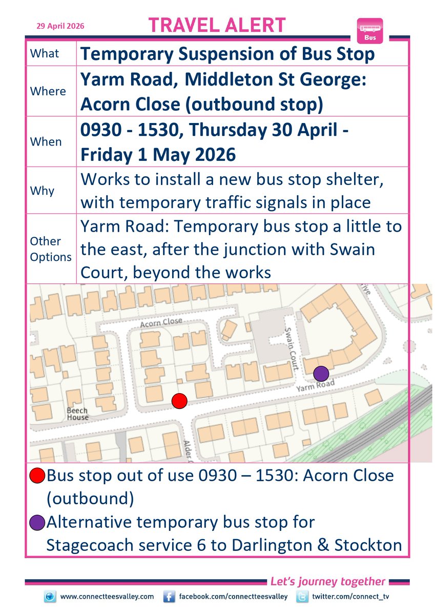 connect_tv's tweet photo. YARM ROAD, MIDDLETON ST GEORGE: Acorn Close (outbound) eastbound bus stop closed 0930-1530 Thursday 30 April &amp; Friday 1 May. For Stagecoach service 6 use temporary stop a little to the east, just beyond the Swain Court junction. https://t.co/Dx17fB8DjV @darlingtonbc @StagecoachNE https://t.co/Sr41aUkZ1e