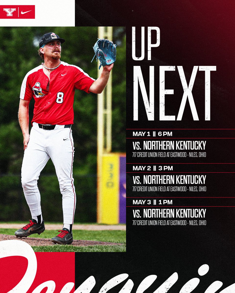 YSUBaseball's tweet image. 𝐔𝐏 𝐍𝐄𝐗𝐓 ➡️ NKU

Back to #HLBASE action on Friday when we host the Norse to begin a three-game series at 717 Credit Union Field at Eastwood!

Help us #PackEastwood on Friday ➡️ Free Admission, YSU Rally Towel Giveaway and Chick-Fil-A Sandwich Card Giveaway

#GoGuins🐧⚾️