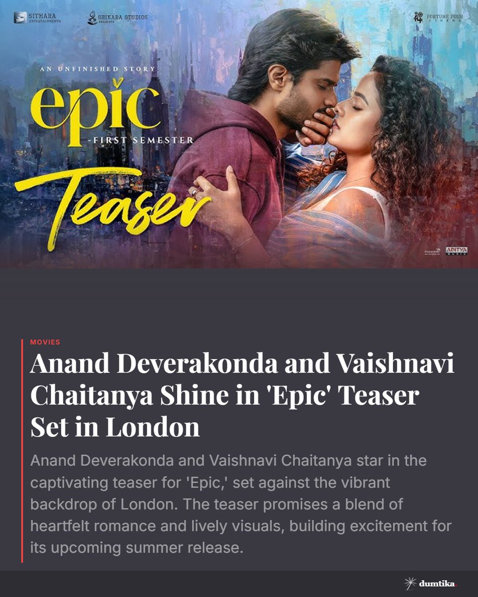 DumtikaMedia's tweet image. Anand Deverakonda and Vaishnavi Chaitanya light up London in the 'Epic' teaser! Get ready for a summer of emotions, romance, and vibrant visuals. Can't wait! 🎬❤️ #EpicTeaser #AnandDeverakonda #SummerVibes