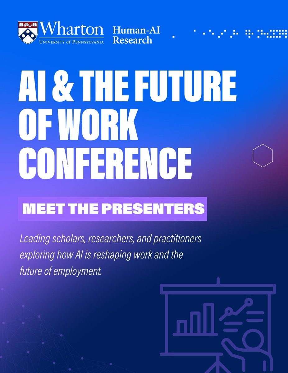 WhartonHumanAI's tweet photo. Meet the presenters shaping the future of work. The AI &amp; The Future of Work Conference brings together leading scholars, researchers, and practitioners exploring how AI is transforming work and organizations. Register now! 👉 https://t.co/sV7HVEMTZ2 #WhartonAI https://t.co/GjJpNYcGcU