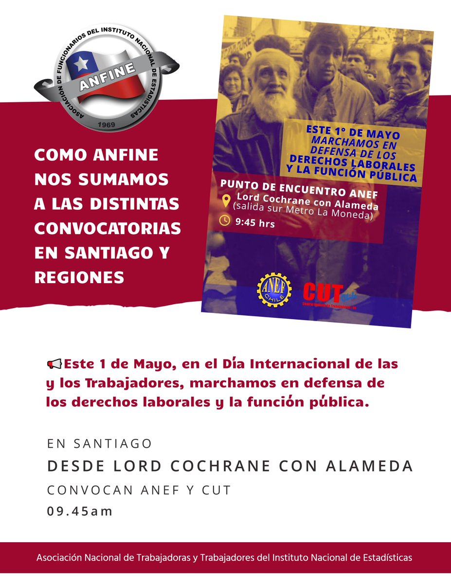 AnfineChile's tweet image. 📢 ANFINE SE SUMA A LAS DISTINTAS CONVOCATORIAS DE ESTE 1° MAYO EN SANTIAGO Y REGIONES

Este 1 de Mayo, en el Día Internacional de las y los Trabajadores, marchamos en defensa de los derechos laborales y la función pública.

#ANEF #CUT #ANFINE #1Mayo 

anfine.cl
