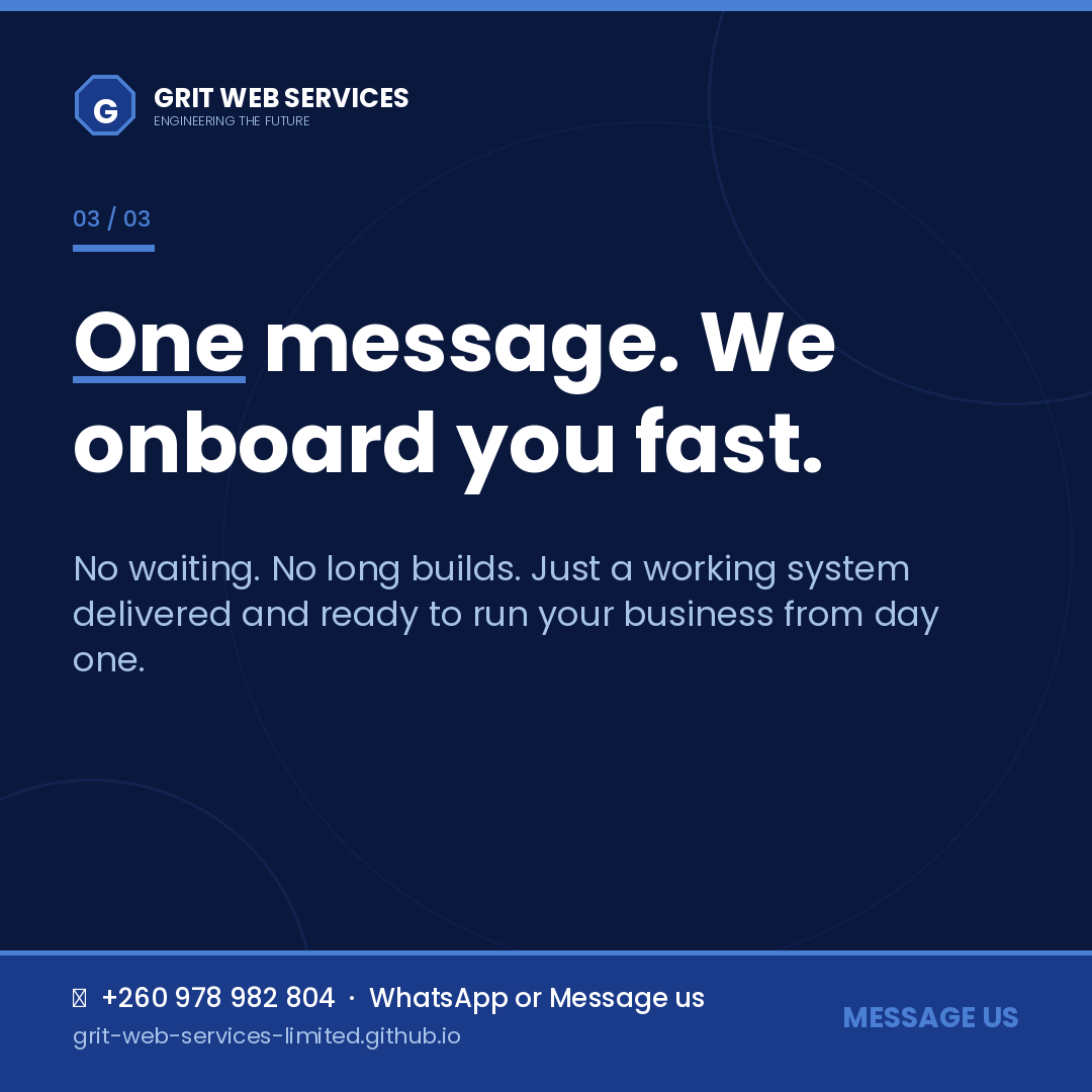 GRITWebServ's tweet image. Welcome to GRIT WEB SERVICES. We deploy ready-to-go systems for Schools, Clinics, Payroll, Retail POS &amp;amp; WhatsApp automation + 7 more SaaS platforms. No waiting. Built &amp;amp; tested. Is your business ready to upgrade? Comment "DEMO" or WhatsApp +260 978 982 804 #SaaS