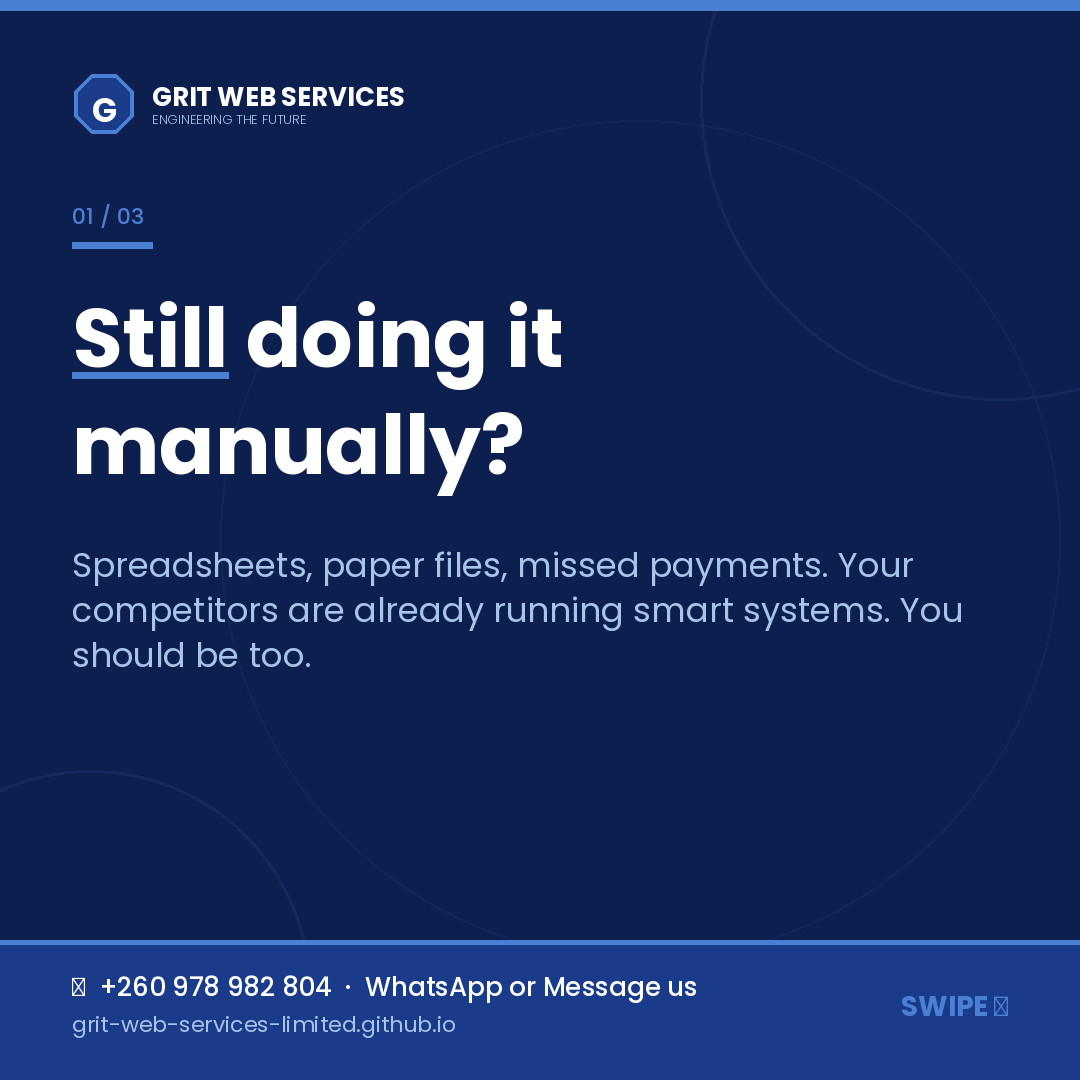 GRITWebServ's tweet image. Welcome to GRIT WEB SERVICES. We deploy ready-to-go systems for Schools, Clinics, Payroll, Retail POS &amp;amp; WhatsApp automation + 7 more SaaS platforms. No waiting. Built &amp;amp; tested. Is your business ready to upgrade? Comment "DEMO" or WhatsApp +260 978 982 804 #SaaS