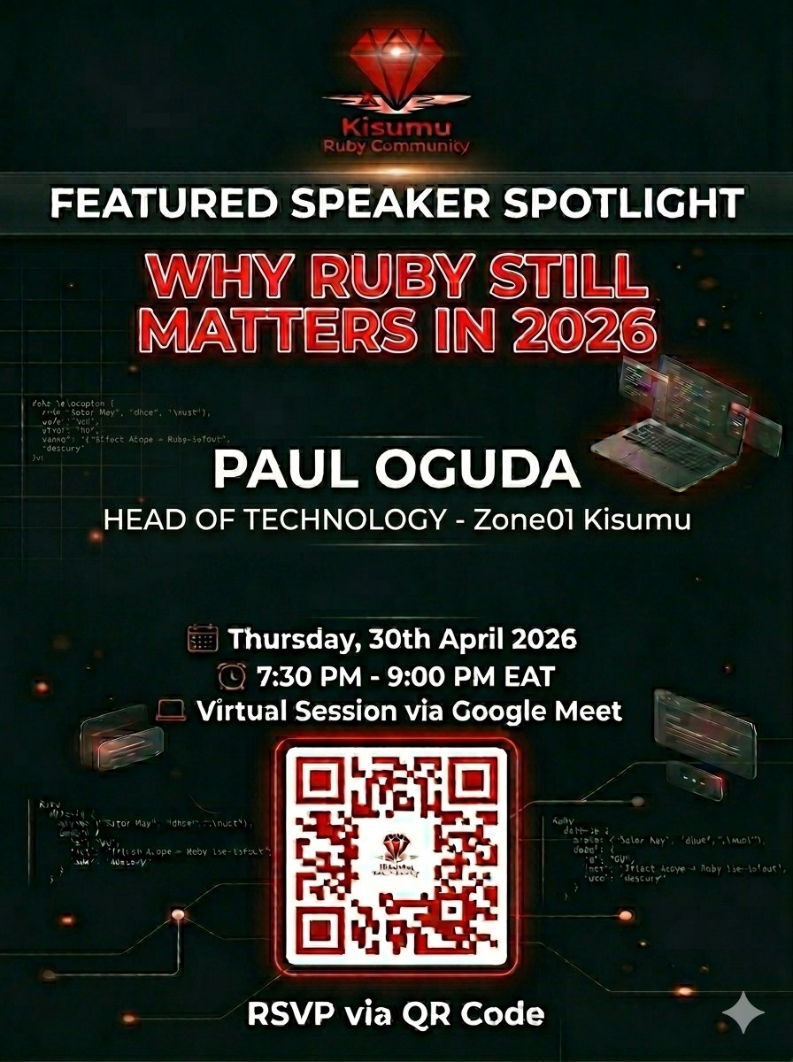 KisumuRuby's tweet photo. Speaker Spotlight 🔦

Introducing @Kamalogudah as one of our meetup speakers.

Paul is a seasoned senior Ruby engineer and a tech mentor &amp; primarily serves as the Head of Technology at Zone01 Kisumu. At our inaugural meetup, he will be unpacking "Why Ruby still matters in 2026". https://t.co/501mRKcNBt