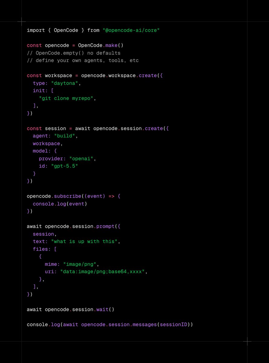 we're making OpenCode more embeddable in 2.0

you can even use the workspaces feature to run distributed sessions

data replication is handled for you so you don't have to think about the fact that it's running remotely

your server can even go down and it'll resync when it's up
