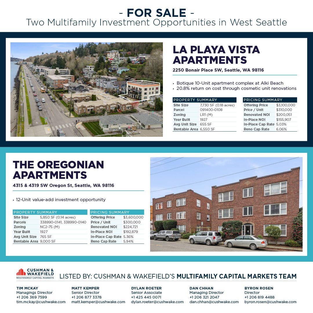 TimMcKayPNW's tweet photo. JUST LISTED - La Playa Vista and Oregonian Apartments - two #valueadd #apartment investments in premier locations in #WestSeattle - #Alki and #theJunction #AlaskaJunction

#cre #seattleapartments #valueaddapartments #alkiapartments #westseattleapartments https://t.co/58naelqKUE