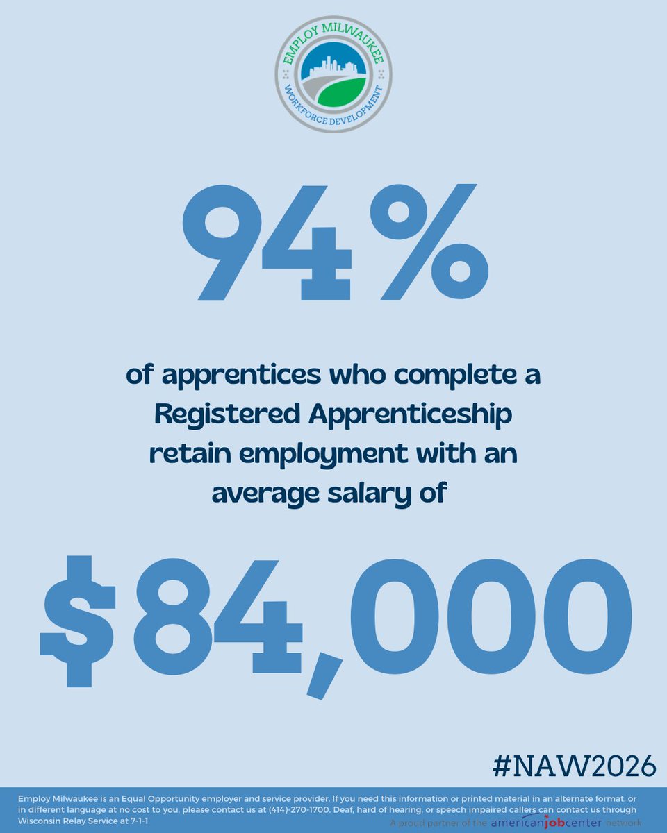 EmployMilwaukee's tweet image. For more information about apprenticeships in Wisconsin, check out: 🔗apprenticeship.gov 
Check out Employ Milwaukee's Registered &amp;amp; Youth Apprenticeships: employmilwaukee.org/Employ-Milwauk…  employmilwaukee.org/Employ-Milwauk… 
#NAW2026 #apprentinceships #RA #YA #employmilwaukee