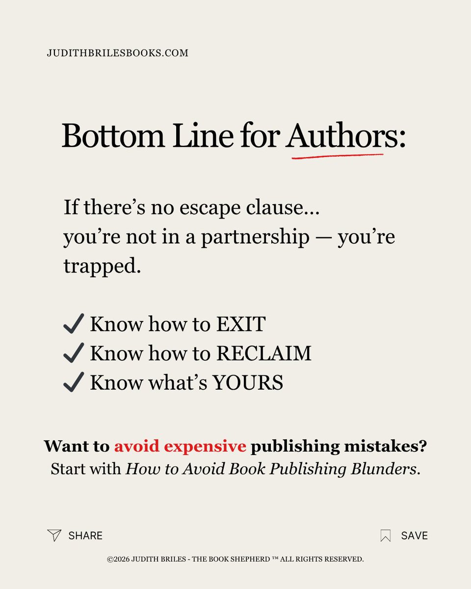 JudithBriles's tweet image. Most authors don’t read contracts.
Big mistake.

The smart ones protect:
✔ Their rights
✔ Their exit
✔ Their control

Don’t sign blindly. Ever.

bit.ly/BlundersBook
#AuthorTips #PublishingAdvice #SelfPublishing #WritersLife #AuthorLife #BookPublishing #WritersLift