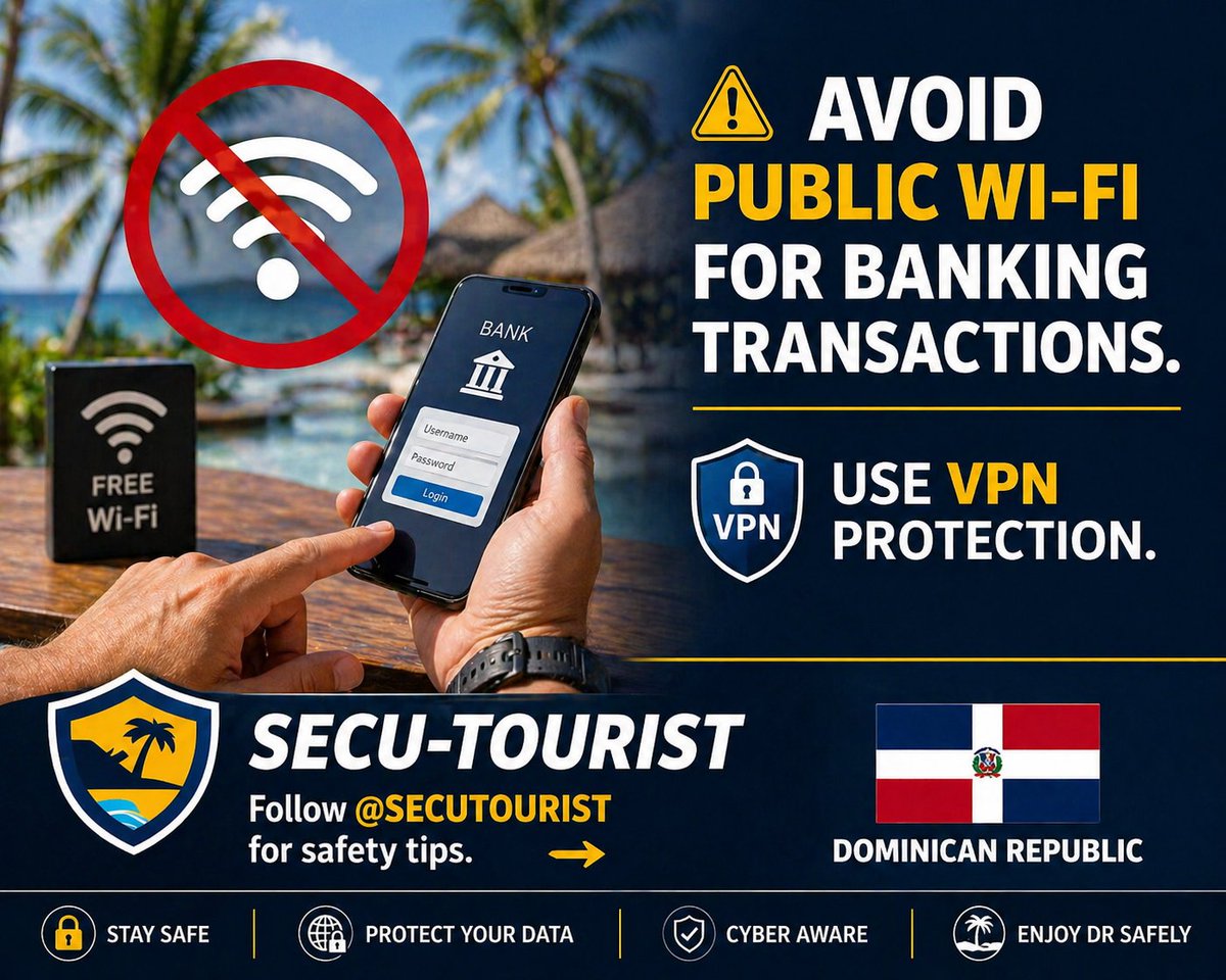 SecuTourist's tweet photo. 📵 Avoid public Wi-Fi for banking transactions. ✅️ Use VPN protection.
👉 “Follow @secutourist for safety tips.” #SecuTouristTips #DominicanRepublic #CyberSafety #TravelSecurity #SECUTOURIST https://t.co/sRfsE80diB
