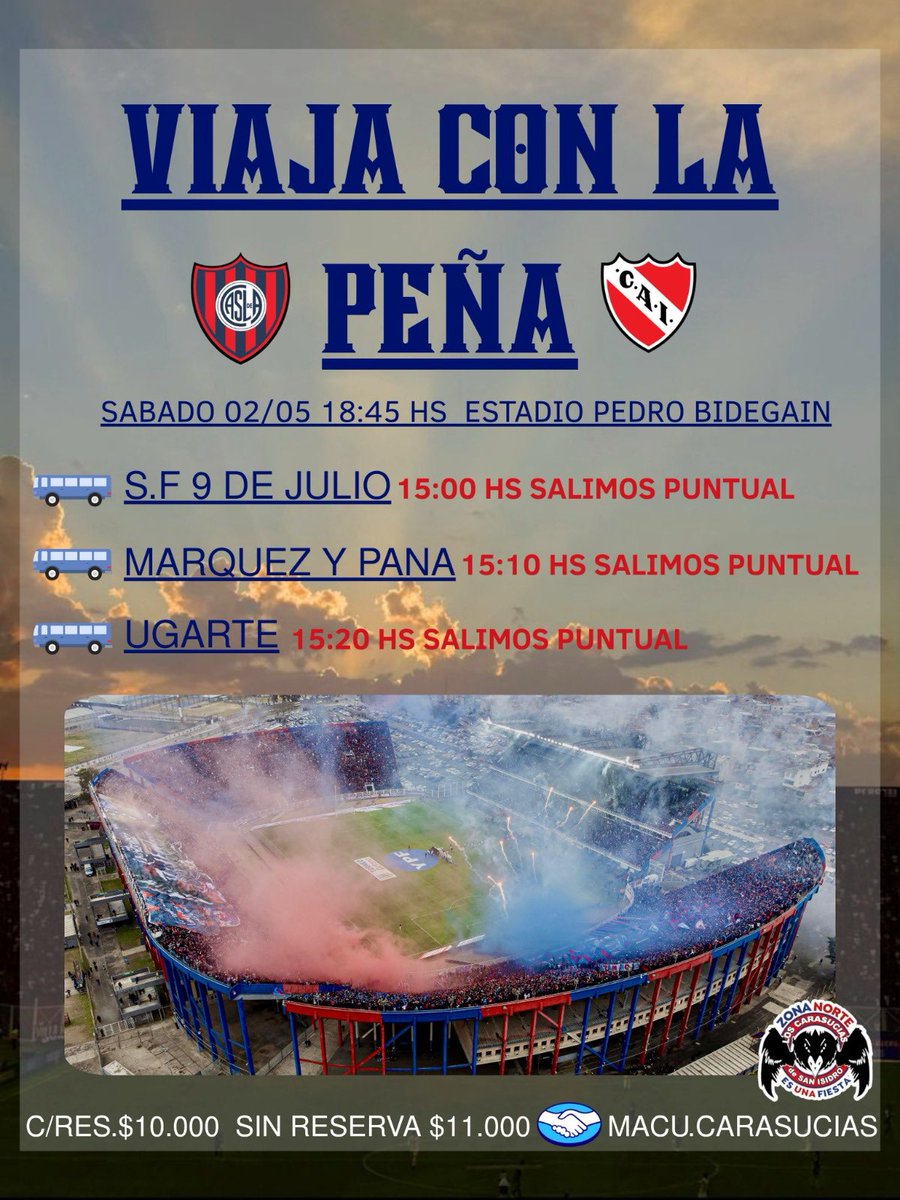 carasuciasSI's tweet photo. ¡ VIAJA CON LA PEÑA ! 💙❤️🚍

SAN LORENZO vs INDEPENDIENTE 

📅 SÁBADO 02-05 | 18.45HS

📍 14HS nos juntamos en S.F 9 de Julio.

💲 ᴄ/ ʀᴇꜱᴇʀᴠᴀ: $10.000
💲 ꜱ/ ʀᴇꜱᴇʀᴠᴀ: $11.000

ʀᴇꜱᴇʀᴠᴀꜱ: 
📲 1135644209 Macu 

#TorneoApertura
#LosCarasucias
#ZonaNorteEsUnaFiesta https://t.co/Ug1T7JEg82