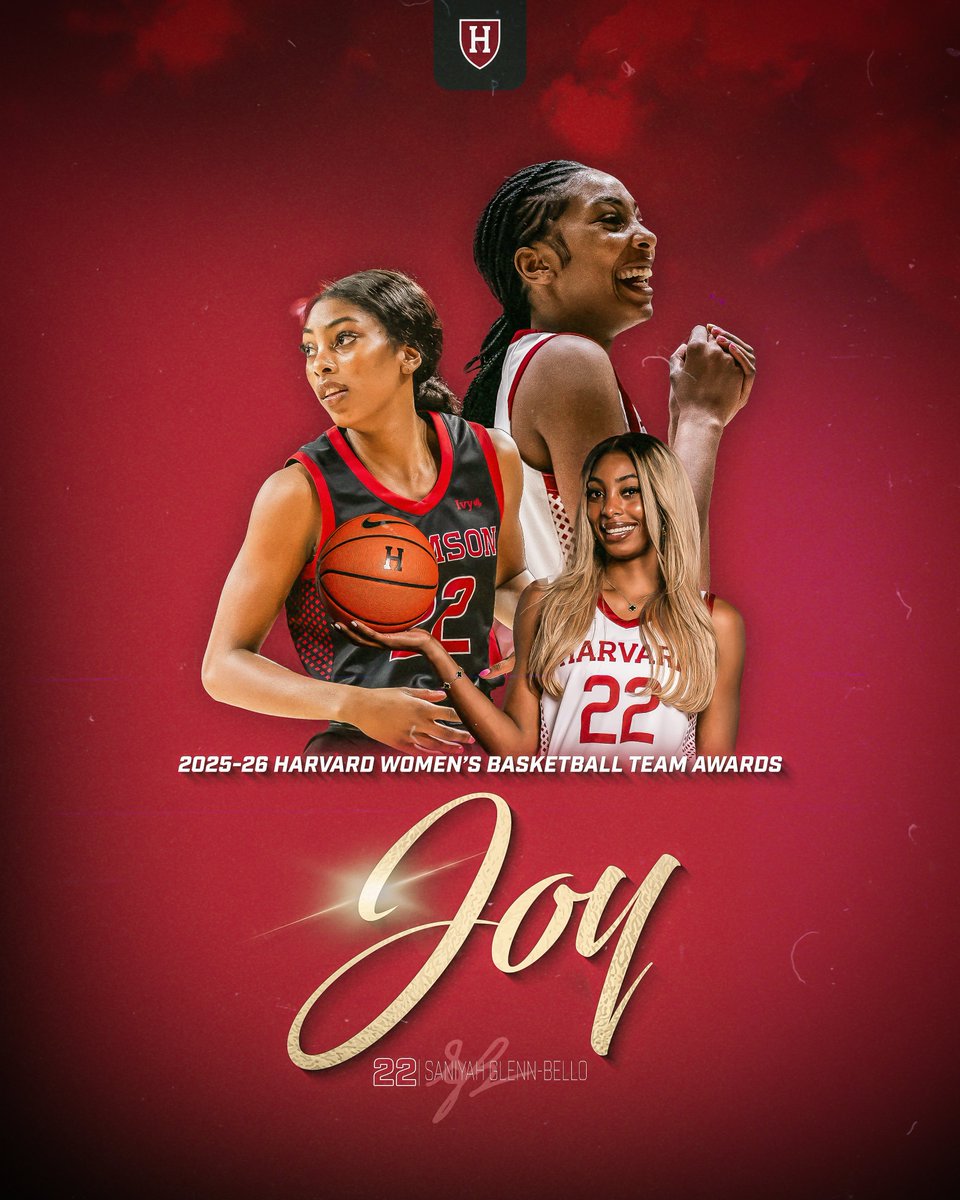 HarvardWBB's tweet image. Joy Award Winner.

Saniyah Glenn-Bello was the 2025-26 Joy Award winner. The award is given annually to the player who exemplifies our core value of "Joy" to its fullest - exuding positivity and showing up everyday with a smile.

#GoCrimson x #BelieveIt