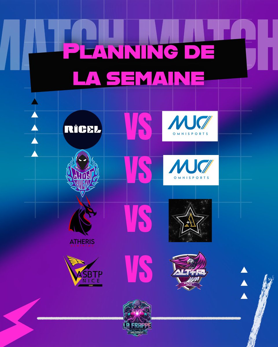 LaFrappeTrnmnt's tweet photo. PLANNING DE LA SEMAINE ! 

- @Rigel_Esport vs @mucesport (équipe P) 
- @/Ghost Riviera vs  @/Muc (équipe X) 
- @AtherisEsport vs @AstralyxEsport 
- @asbtp_nice vs @altf4esportnice 

Premier match ce soir à 21h entre les Ghosts et Muc ( équipe X ) 

https://t.co/r6x2udPSuo https://t.co/8rr6nndKh9