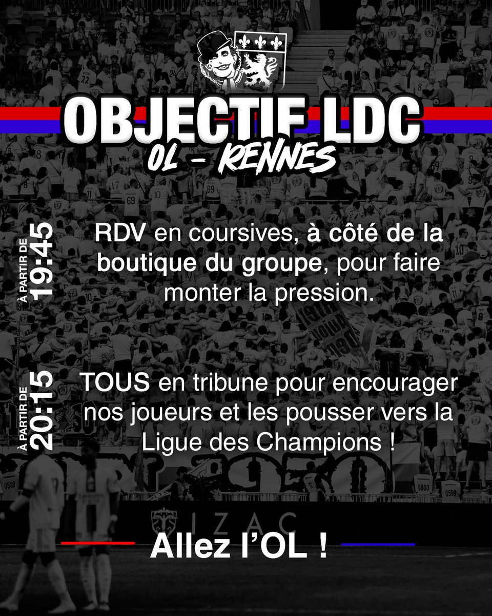 ⚽️ OL-SRFC 🏟️

Match décisif pour la 3eme place !

Pour faire monter la pression, RDV à partir de 19h45 en coursives.

Dès 20h15, on se retrouve tous en tribune.

Lyon 1950 🔴🔵