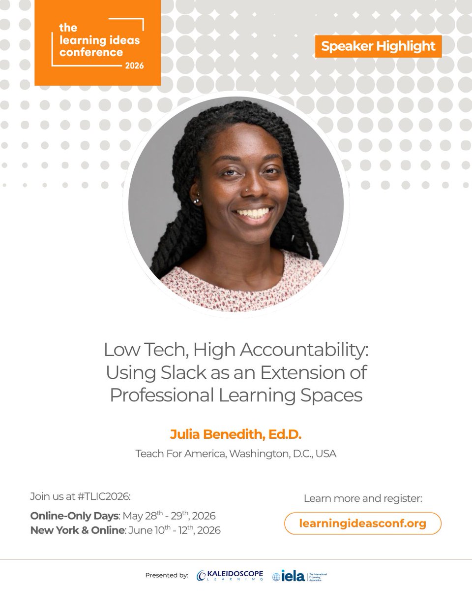 ielassoc's tweet image. We’re excited to welcome Dr. Julia Benedith (Teach For America) to #TLIC2026 &amp;amp; explore how low-tech tools within Slack can be leveraged to create high-accountability professional learning environments.

Learn more &amp;amp; register: learningideasconf.org/registration

#Slack #TeachforAmerica
