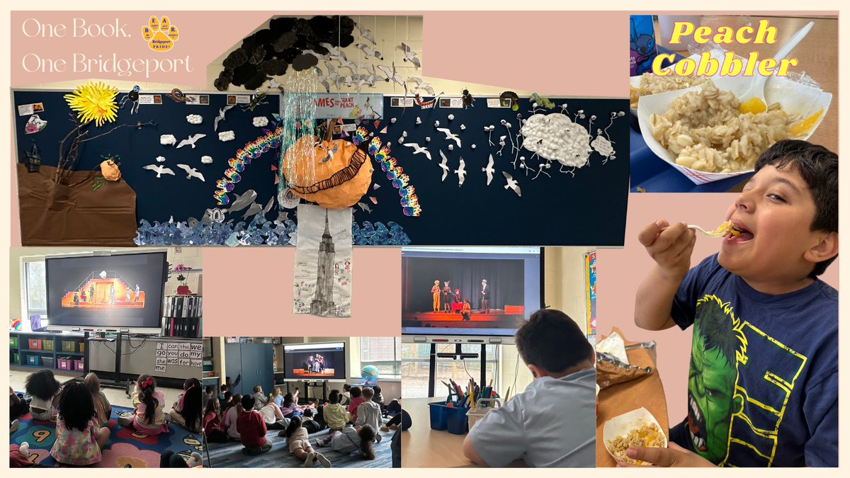 Bpt_BEARs's tweet photo. Last week we completed our "One Book, One Bridgeport"! Students enjoyed the reading the end of James &amp; the Giant Peach by many mystery readers, were treated to a special snack of Peach Cobbler, collaborated to create a mural, and were able to watch the Musical version in class! https://t.co/coWU9Nuq11