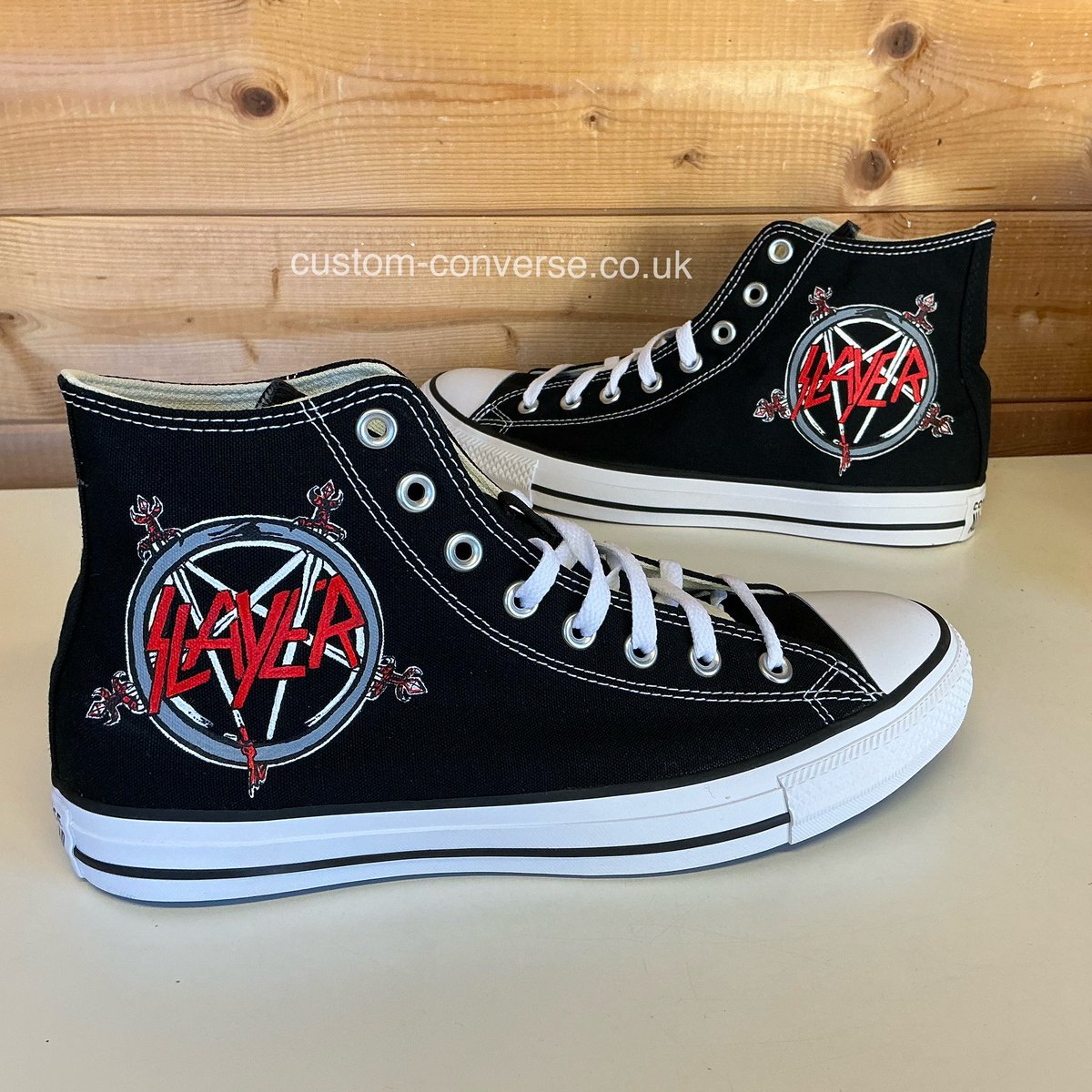 CustomConverse's tweet photo. Slayer classic black high top Converse. These were created using a combination of two of the band logos to ensure the lettering in the centre was bold and legible as it’s a very intricate design! 

#slayer #bandmerch #converse #customconverse #thrashmetal https://t.co/xSDCxl696v