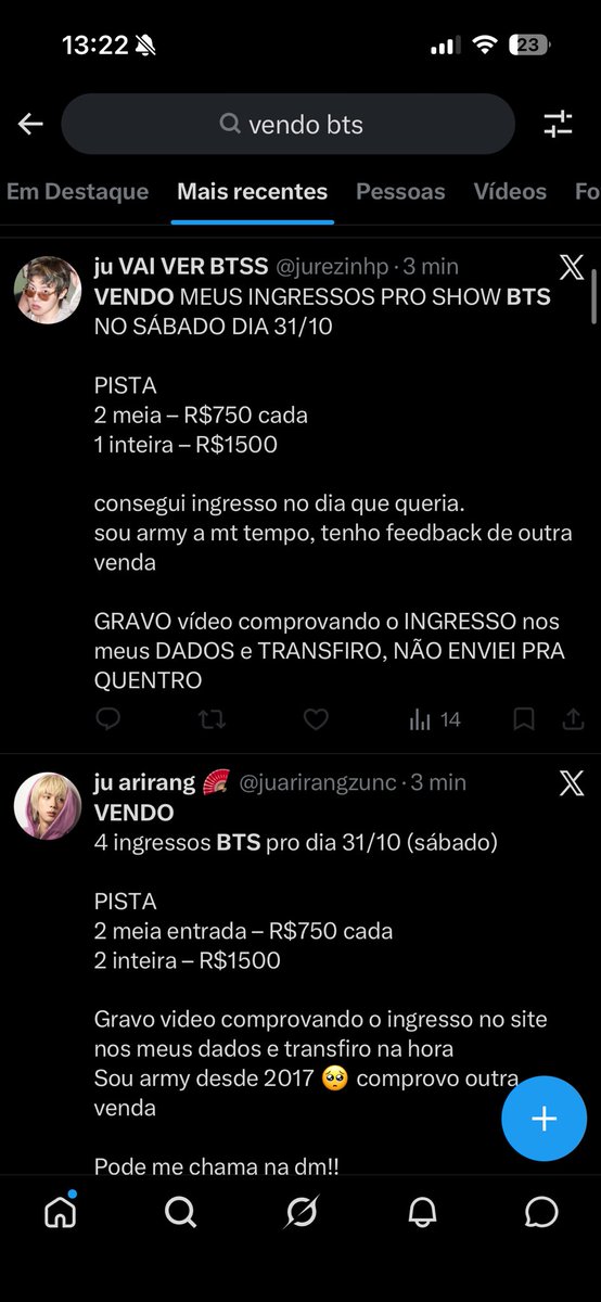 EU NÃO VENDO INGRESSOS PRO SHOW DO BTS

tem algumas contas usando meus dados para aplicar golpes!!!
