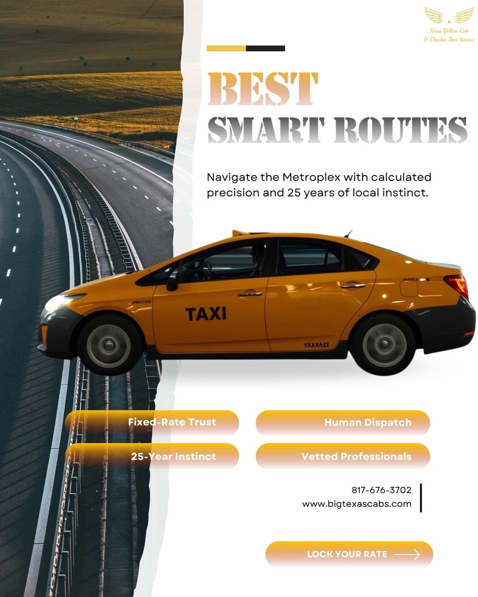 Texasyellowcabs's tweet photo. Skip the "Searching for Drivers" loop. Smart Routes combine 25 years of local HEB instinct with fixed-rate certainty. No surge traps, no ghost drivers—just calculated precision.
📞 817-676-3702 | https://t.co/KRHsCvg6Gz
#StreetSmarts #TexasYellowCab #SmartRoutes #TravelHacks #DFW https://t.co/eTIbkYXXnl
