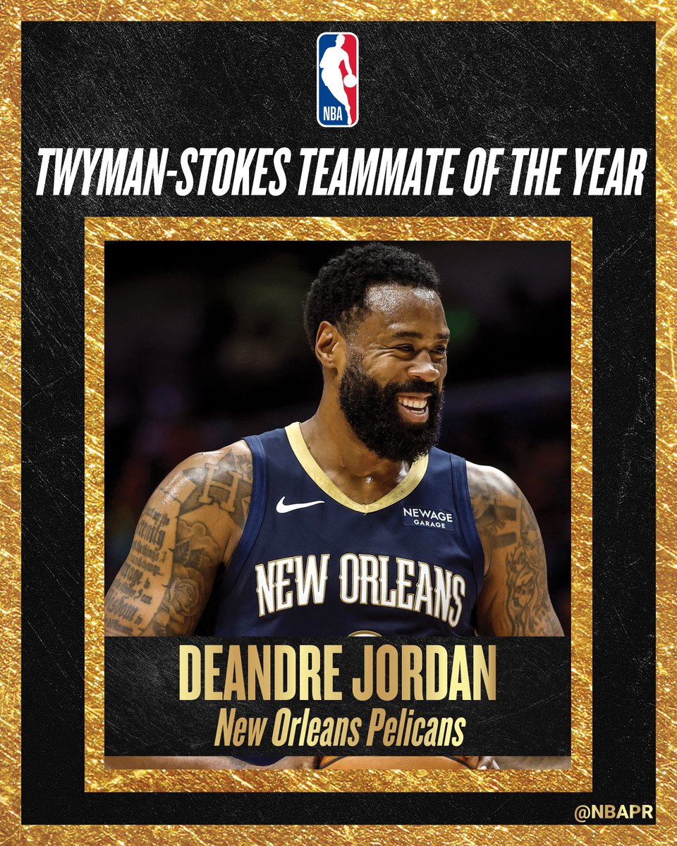 NBAPR's tweet image. New Orleans Pelicans center DeAndre Jordan has been named the 2025-26 Twyman-Stokes Teammate of the Year.

Presented annually since 2012-13, the award recognizes the player deemed the league’s best teammate, based on selfless play, leadership and commitment to the team.