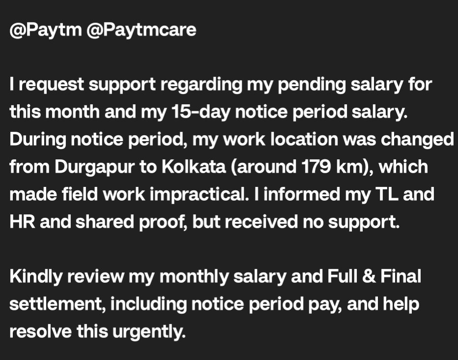 rajdas85ug's tweet image. @Paytm @Paytmcare

  and shared proof, but received no support.
Kindly review my monthly salary and Full &amp;amp; Final settlement, including notice period pay, and help resolve this urgently.
#Paytm #FinalSettlement #HR