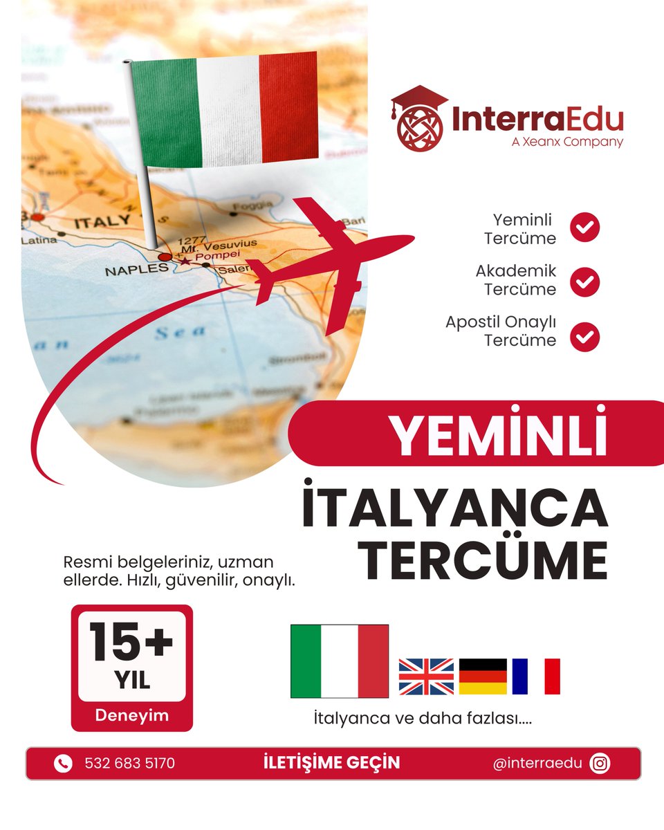 interraedu's tweet photo. İtalyanca Tercümede Profesyonel Çözümler! 🇮🇹

Resmi, akademik ve teknik belgelerinizde dil bariyerini InterraEdu ile aşın. Yeminli tercüme hizmetimizle belgeleriniz güvende.

✅ Hızlı Teslimat ✅ Yeminli Tercüme ✅ Teknik &amp; Akademik Çeviri
Bilgi için DM! 📩
#İtalyancaTercüme https://t.co/jmUehTxUmN