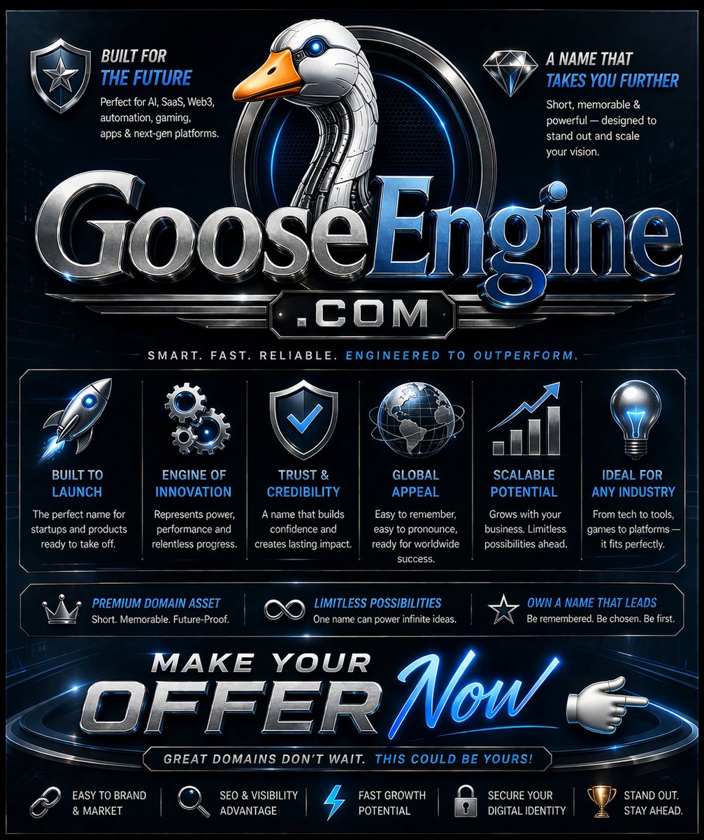 ahmad_alhazem's tweet image. GooseEngine.com
 Quirky, memorable, and built for tech ⚙️

A standout name for AI tools, SaaS products, or modern platforms.

• Unique brand identity
• Easy to remember
• Ready for scalable ideas

Open to inquiries 📩 

#startup #saas #ai #domains