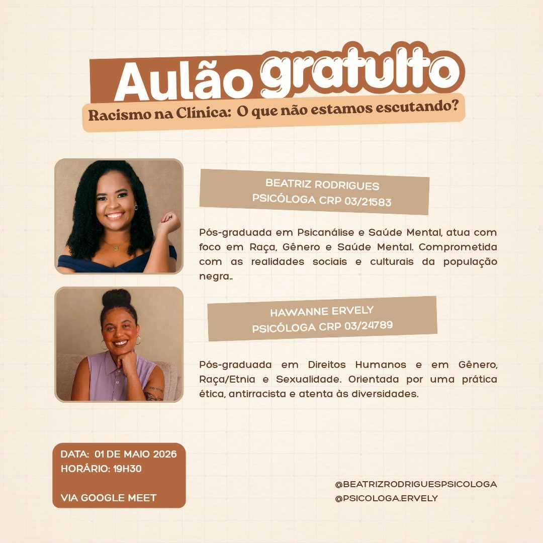 HawanneErvely's tweet image. Atenção galera #psi nesta sexta-feira às 19h30 vamos realizar um aulão gratuito!!! 
Temática da aula: "Racismo na clínica: O que não estamos escutando?"

O link da aula será enviado no nosso grupo do WhatsApp: chat.whatsapp.com/Hc532o53UfAIrs…
