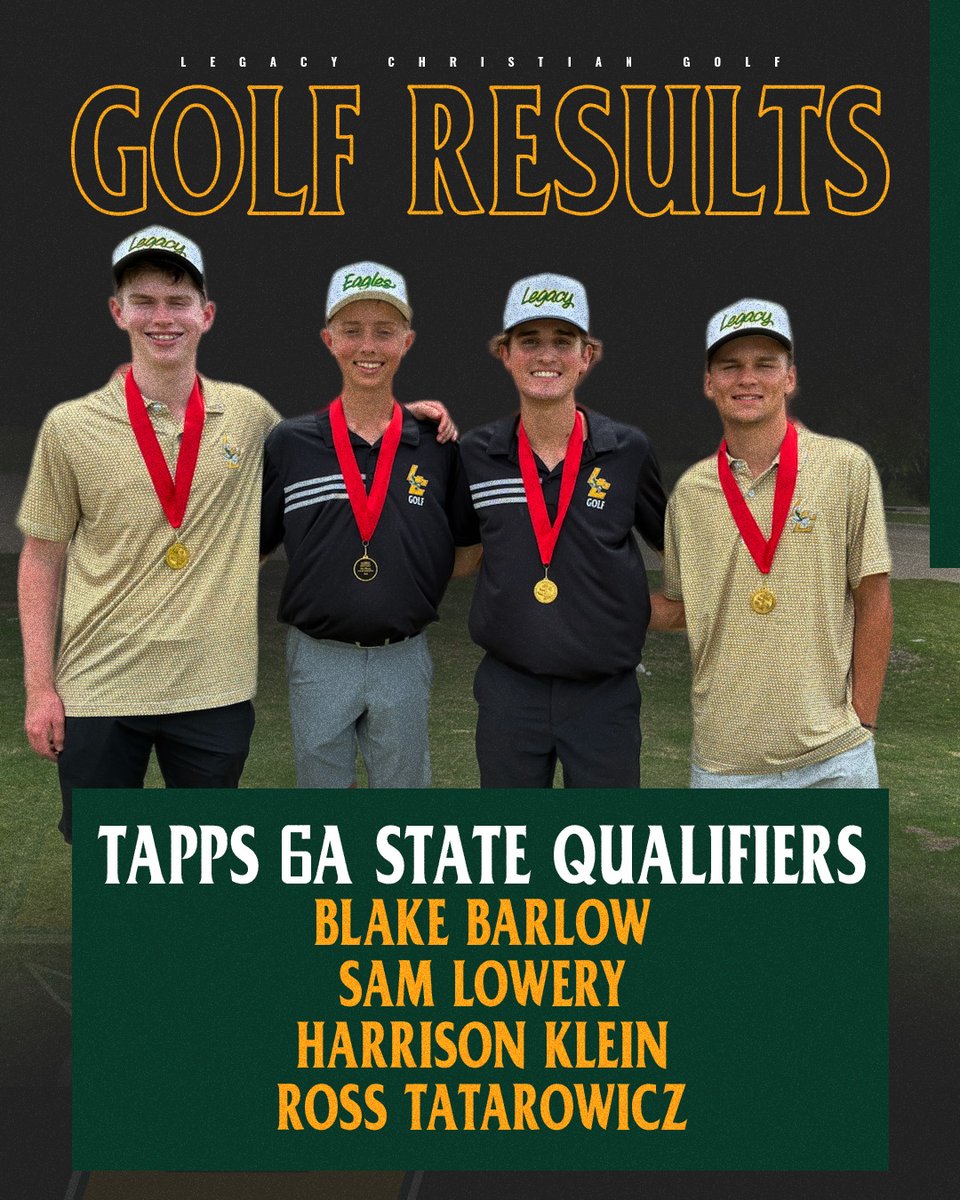 LCAfrisco's tweet photo. Congratulations to our Legacy golfers who qualified for competition in the TAPPS 6A Golf State Championship in Waco next Month! 🦅⛳️

Girls Team: Ana Wells

Boys Team: Blake Barlow, Sam Lowery, Harrison Klein, and Ross Tatarowicz https://t.co/U1QlSm6As7
