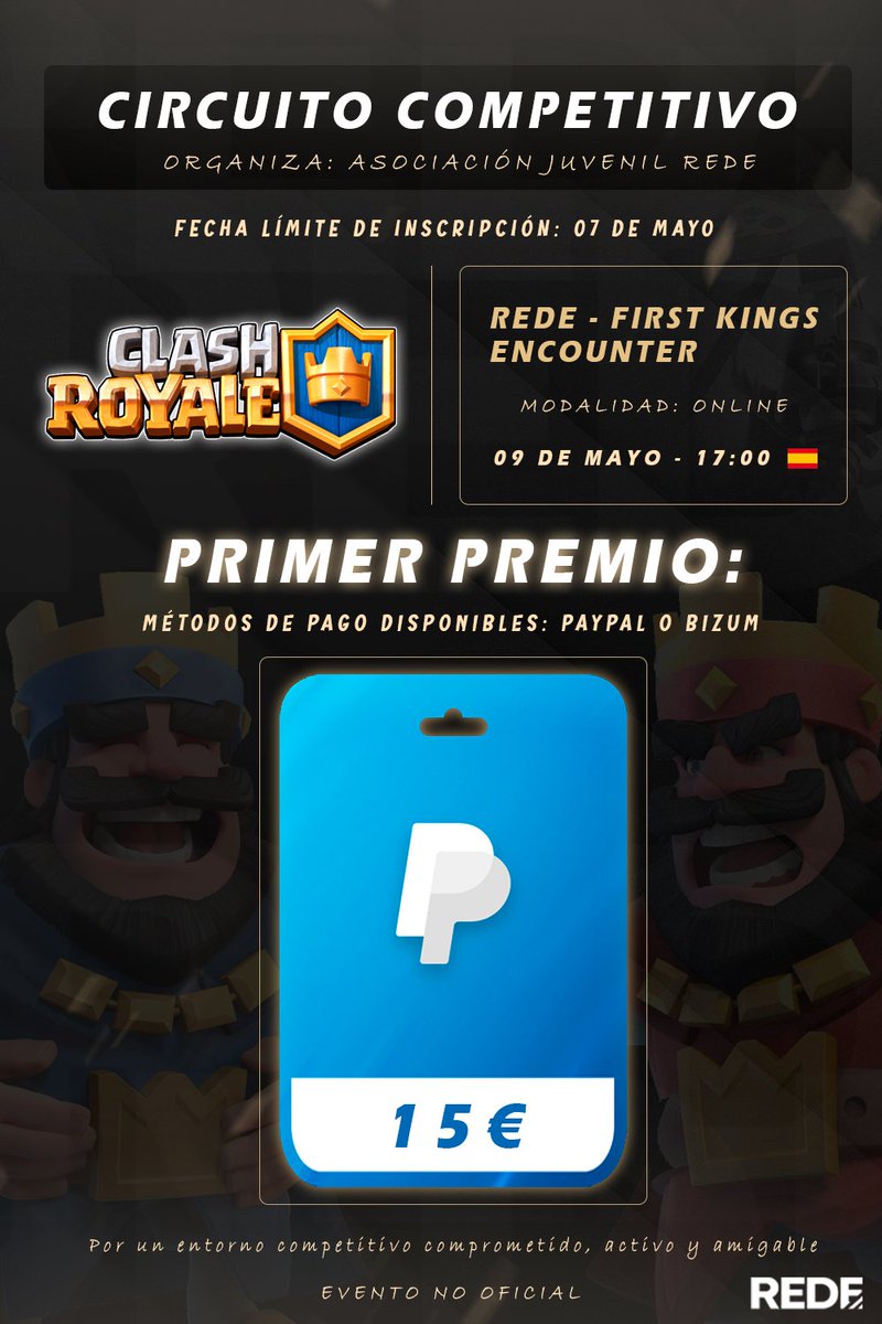 REDE_asoc's tweet photo. 🚨TORNEO CLASH ROYALE 🔥

🏆REDE First Kings Encounter

INICIO  → 09 mayo 17:00

Para inscribirse:

1.  Seguir @REDE_asoc
2.  Like + RT
3.  Mencionar 3 personas
4.  Unirte a Discord → https://t.co/hE3ZzSsNW7
5. Rellenar formulario de inscripción → https://t.co/T87SJuwimX https://t.co/8zpp2uU6zy