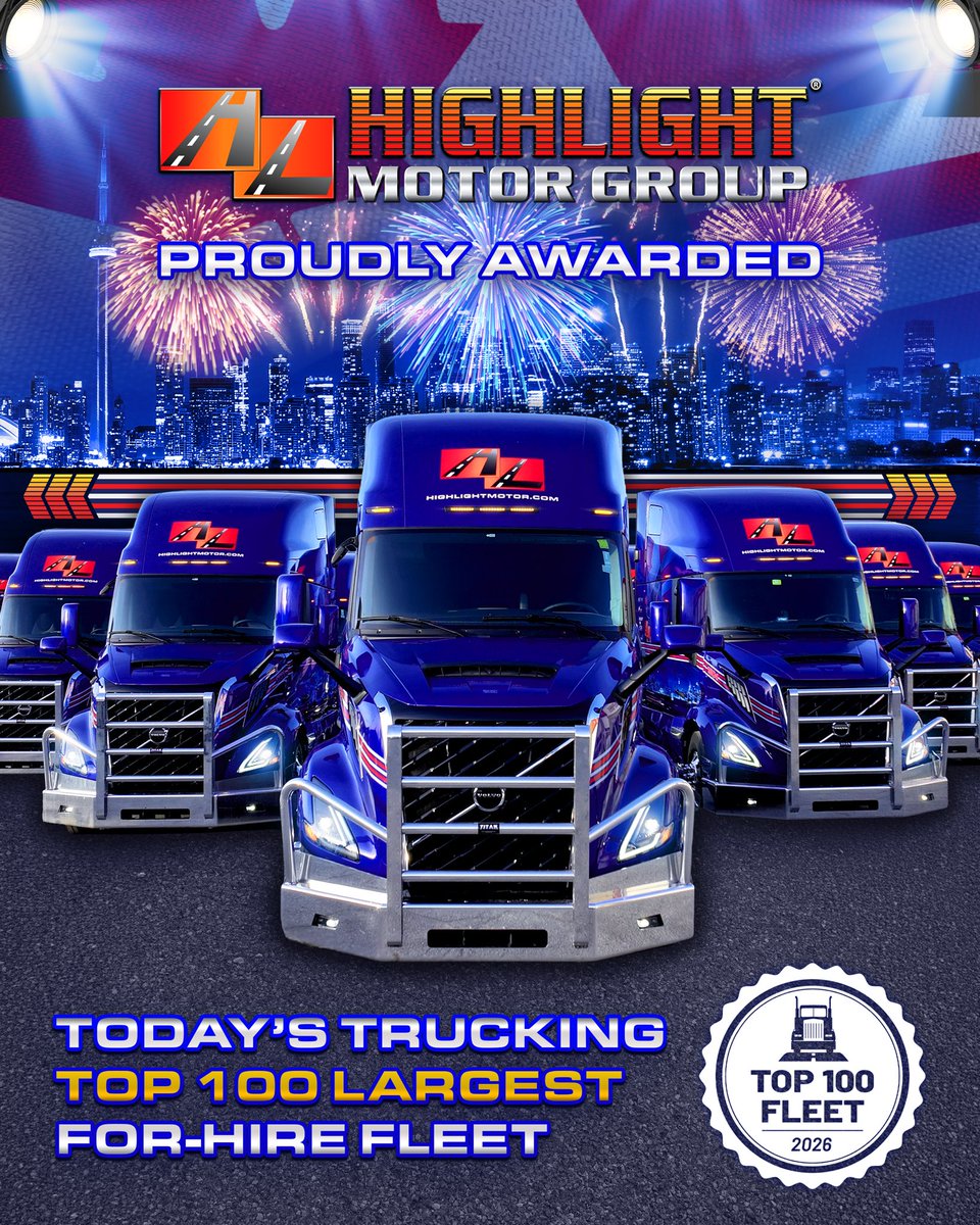 HighlightMotor's tweet photo. We’re proud to share that Highlight Motor Group has secured a Top 25 position on Canada’s Top 100 Largest For-Hire Fleets of 2026, as recognized by Today’s Trucking! #highlight #trucks #top100 #top25 #trucknews @Todaystrucking https://t.co/decxBhKcKd
