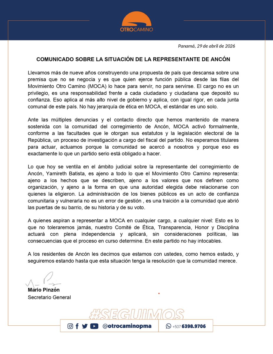 Ante las denuncias y el contacto directo que hemos mantenido de manera sostenida con la comunidad de Ancón, MOCA activó formalmente, conforme a las facultades que le otorgan sus estatutos y la legislación electoral, un proceso de investigación a cargo del fiscal del partido.
