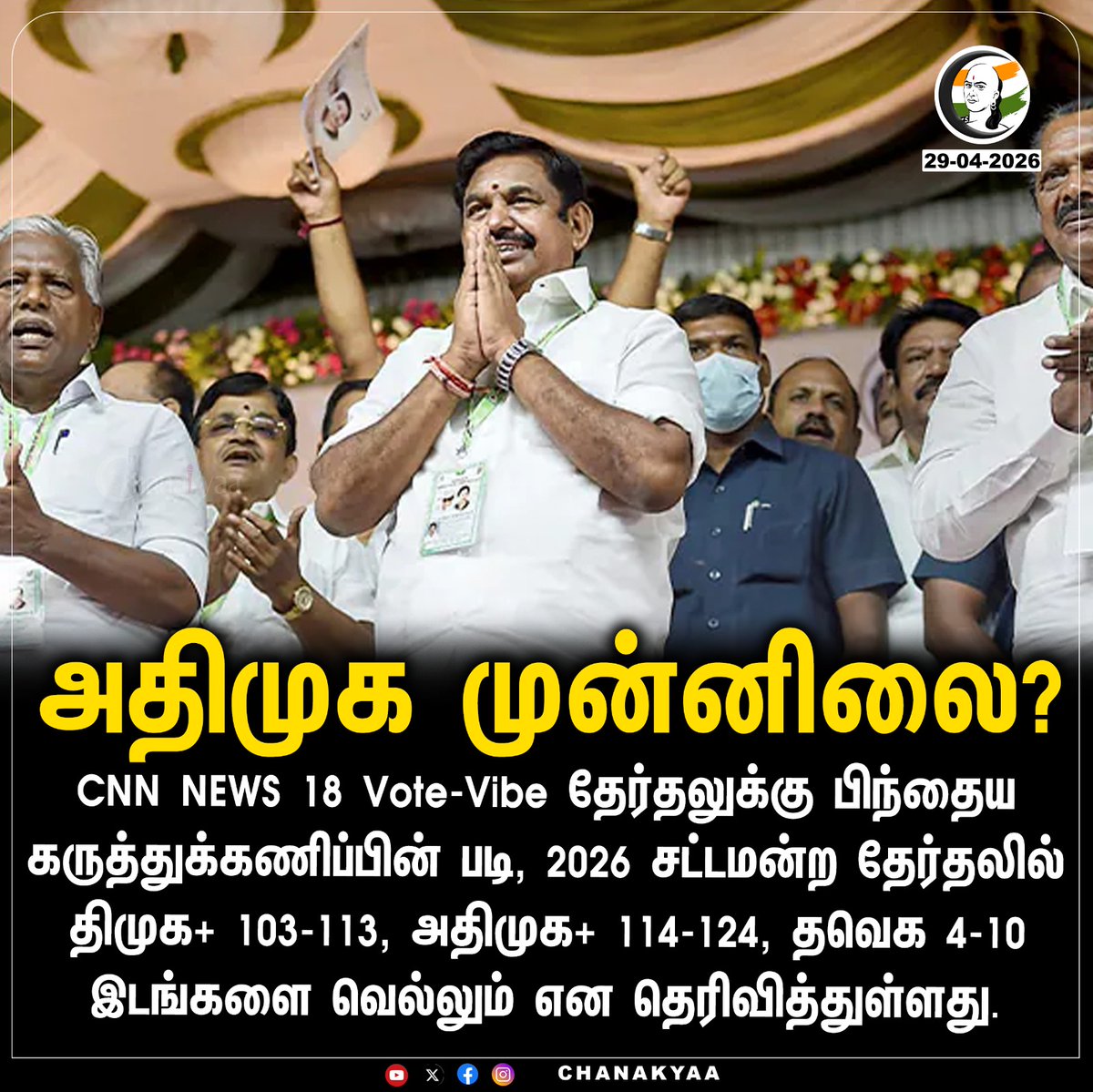 ChanakyaaTv's tweet image. அதிமுக முன்னிலை? 
#DMK #ADMK #NTK #TVK #ExitPollResults #TNElection2026 #Chanakyaa

Stay informed with the latest news through Chanakyaa via chanakyaa.in