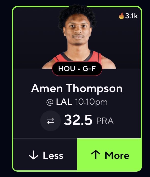 PregamePulse's tweet photo. 4/29 NBA Playoff Pick 🏀

Amen Thompson Over 32.5 PRA

This is an elimination game for the Rockets here playing in Los Angeles so they need their stars to perform.

Amen is over this 2/4 games this series and has plenty of opportunity to go over. He has played over 40 in each of the games. He’s seeing over 13 rebound opportunities and over 12 potential assists. With the season on the line, I expect him to play over 40 minutes and go over this line.

Lock in Amen to be all over the court tonight🍀🍀

Stats powered by @PropsEdge, 3 day free trial by clicking the link in bio! Code: PREGAME for 20% OFF!

#propbets | #propsedge | #DFS | #GamblingX | #SportsBetting | #Prizepicks | #FantasySports | #hardrockbets | #playerprops | #NBA