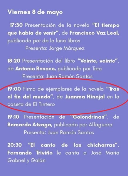 JuanmaHinojal's tweet image. Es para mí un inmenso orgullo regresar a la Feria del Libro de Plasencia. El viernes 8 de mayo, de 19h a 20h, estaré firmando ejemplares de 'Tras el fin del mundo'. ¡Os espero! 
#Plasencia #feriadellibro #feriadellibro2026