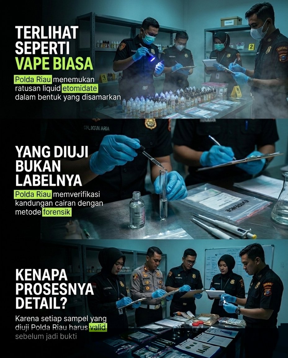 DibalikGaris_'s tweet photo. Sekilas bentuknya mirip banget sama liquid vape biasa yang dijual bebas. 
Tapi di baliknya ada ancaman serius. 

Polda Riau baru saja menggagalkan peredaran ratusan botol liquid etomidate yang sengaja disamarkan.
 
#PoldaRiau #LiquidEtomidate #UjiForensik #WaspadaVape https://t.co/afL2gocMFQ