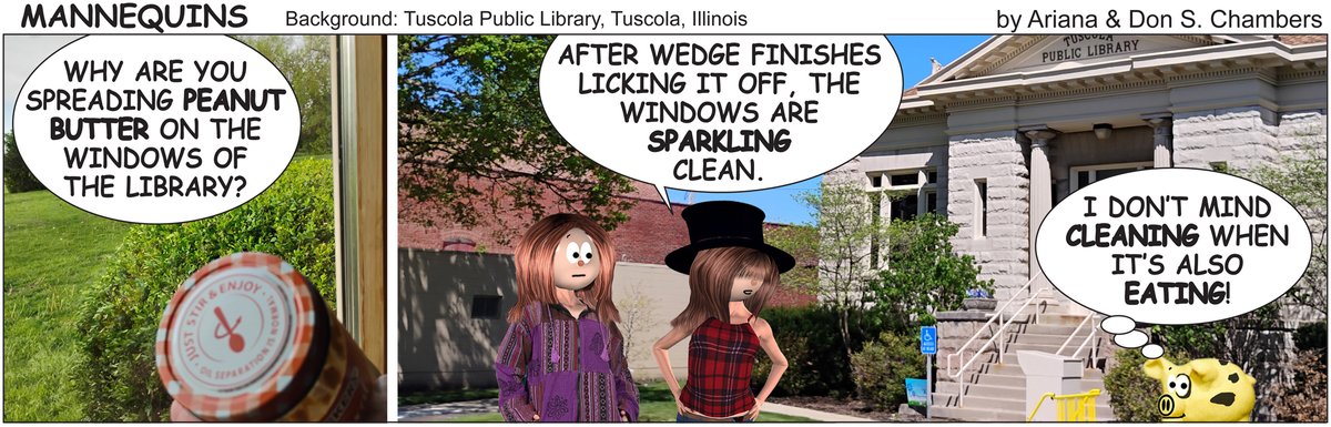 mymeadowmuse's tweet image. Not sure if the Tuscola library would want a pig licking their windows. But a jar of peanut butter would be a cheap price to pay. :-) #comics #humor #cartoons #library #eating #peanutbutter #books @elonmusk